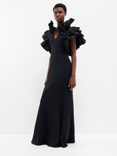 Платье из фая и крепа с оборками на плечах Alexander McQueen, черный
