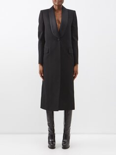 Удлиненное пальто-смокинг из шерстяного твила с шалью и лацканами Alexander McQueen, черный