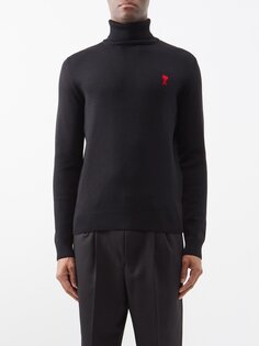 Шерстяной свитер с высоким воротником и логотипом ami de cœur AMI, черный
