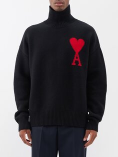 Шерстяной свитер с высоким воротником и логотипом ami de cœur AMI, черный