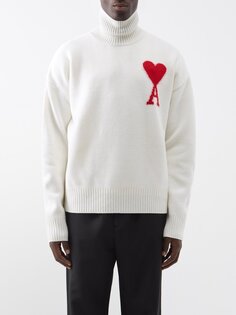 Шерстяной свитер с высоким воротником и логотипом ami de cœur AMI, белый