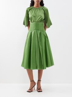 Платье миди из хлопкового сатина со сборками и отстрочкой Lovebirds, зеленый