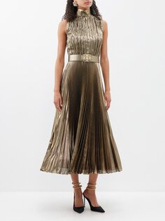 Платье миди миди из смесового шелка, украшенное кристаллами Andrew Gn, золото