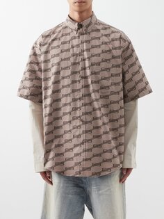Рубашка из хлопкового поплина с короткими рукавами и логотипом Balenciaga, коричневый