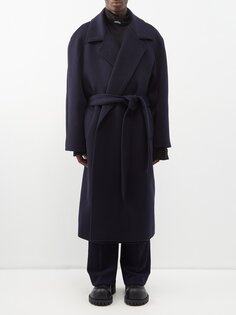 Кашемировое пальто с рукавами реглан и поясом Balenciaga, синий