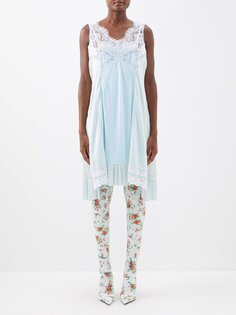 Атласное платье-комбинация с нашивками и кружевной отделкой Balenciaga, синий