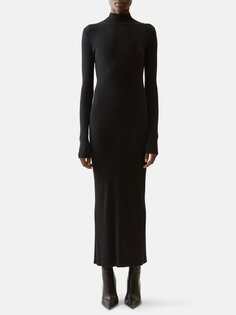 Хлопковое платье макси в рубчик с высоким воротником Balenciaga, черный