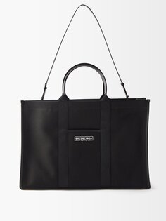 Холщовая сумка-тоут с кожаной отделкой и логотипом автомобиля Balenciaga, черный