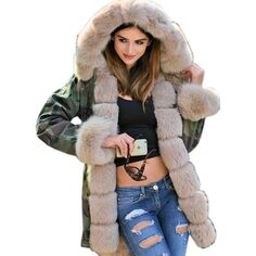 Парка Aofur Long Warm Winter Faux Fur Collar Qulited Women&apos;s, хаки/бежевый