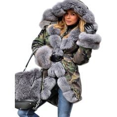 Парка Aofur Long Warm Winter Faux Fur Collar Qulited Women&apos;s, хаки/серый