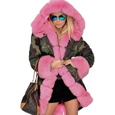 Парка Aofur Long Warm Winter Faux Fur Collar Qulited Women&apos;s, хаки/розовый