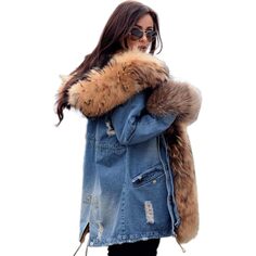 Парка Aofur Long Warm Denim Winter Faux Fur Collar Qulited Women&apos;s, синий/бежевый