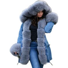 Парка Aofur Long Warm Denim Winter Faux Fur Collar Qulited Women&apos;s, синий/серый
