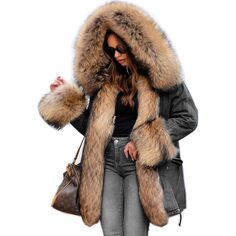 Парка Aofur Long Warm Denim Winter Faux Fur Collar Qulited Women&apos;s, серый/бежевый