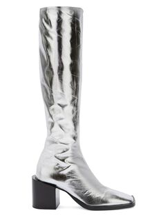 Высокие кожаные сапоги с эффектом металлик Moon Jil Sander, серебряный