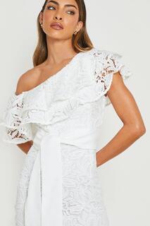 Платье миди с асимметричными оборками, связанное кружевом Boohoo, белый