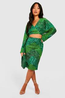 Маленькая юбка миди с абстрактными пайетками, две части Boohoo, зеленый