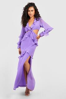 Платье макси из шифона с оборками и вырезами Boohoo, фиолетовый
