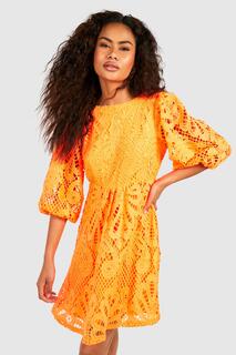 Платье премиум кружевное платье с пуховыми рукавами Boohoo, оранжевый