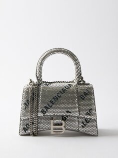 Кожаная сумка hourglass xs, украшенная кристаллами Balenciaga, серебряный
