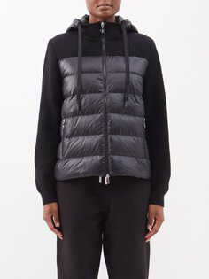 Вязаная куртка с капюшоном из шерсти и стеганой ткани Moncler, черный