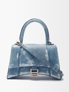 Кожаная сумка с джинсовым принтом hourglass Balenciaga, синий