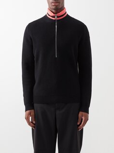Шерстяной свитер в рубчик с полосатым воротником Moncler, черный