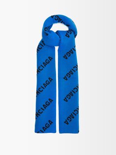Жаккардовый шарф с логотипом из смесовой шерсти Balenciaga, синий