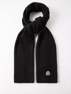 Шерстяной шарф с аппликацией-логотипом Moncler, черный