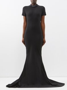 Платье-футболка из смесового хлопка с потертым воротником Balenciaga, черный