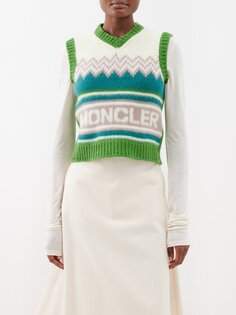 Шерстяной жилет-свитер с v-образным вырезом и логотипом-интарсия Moncler, белый
