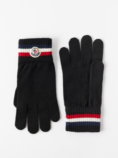 Полосатые шерстяные перчатки с нашивкой-логотипом Moncler, черный
