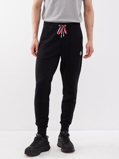 Трехцветные спортивные брюки из хлопка и флиса Moncler, черный