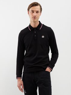 Рубашка-поло с длинными рукавами и нашивкой-логотипом из хлопкового пике Moncler, черный