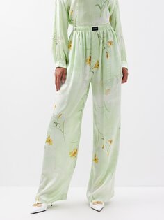 Широкие брюки из шелка с цветочным принтом Balenciaga, зеленый