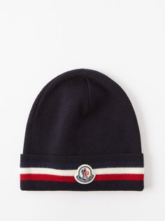Полосатая шерстяная шапка с нашивкой-логотипом Moncler, синий