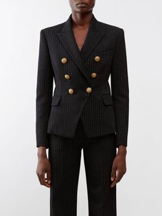 Двубортный пиджак из смесовой шерсти в тонкую полоску Balmain, черный