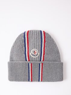 Шерстяная шапка в полоску с нашивкой-логотипом Moncler, серый