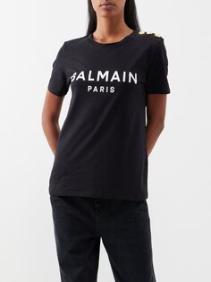 Хлопковая футболка с логотипом и пуговицами на плечах Balmain, черный