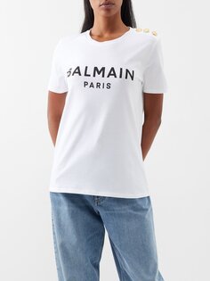 Хлопковая футболка с логотипом и пуговицами на плечах Balmain, белый