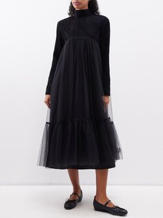 Платье миди с тюлевой юбкой из волнистого твида Noir Kei Ninomiya, черный