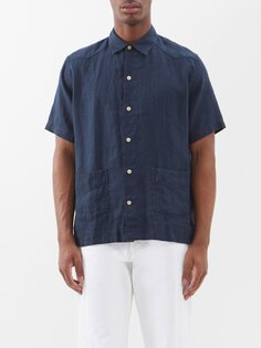 Льняная рубашка с накладными карманами Oliver Spencer, синий