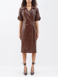 Кожаное платье-рубашка с карманами и поясом Bottega Veneta, коричневый