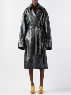 Кожаное пальто с поясом Bottega Veneta, черный