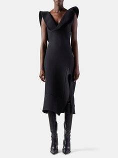 Платье миди из хлопкового твила со структурированным вырезом Bottega Veneta, черный