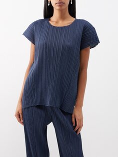 Топ из смесового хлопка с круглым вырезом и техническими складками Pleats Please Issey Miyake, синий