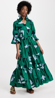 Платье Studio 189 Green Geo Cotton Ruffle Tiered Long, зеленый