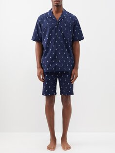 Короткая пижама из хлопка и поплина с логотипом Polo Ralph Lauren, синий