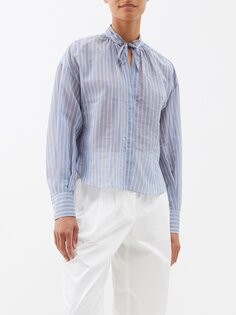 Полосатая рубашка из шелкового хлопка с воротником-стойкой Brunello Cucinelli, синий