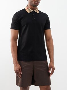 Рубашка-поло из хлопкового пике с клетчатым воротником Burberry, черный